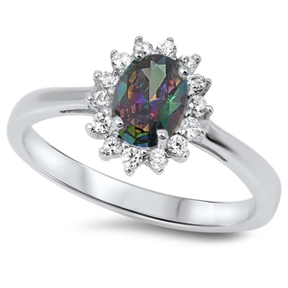 Sterling Silver Rainbow Topaz CZ Halo Ring – Oval Cut